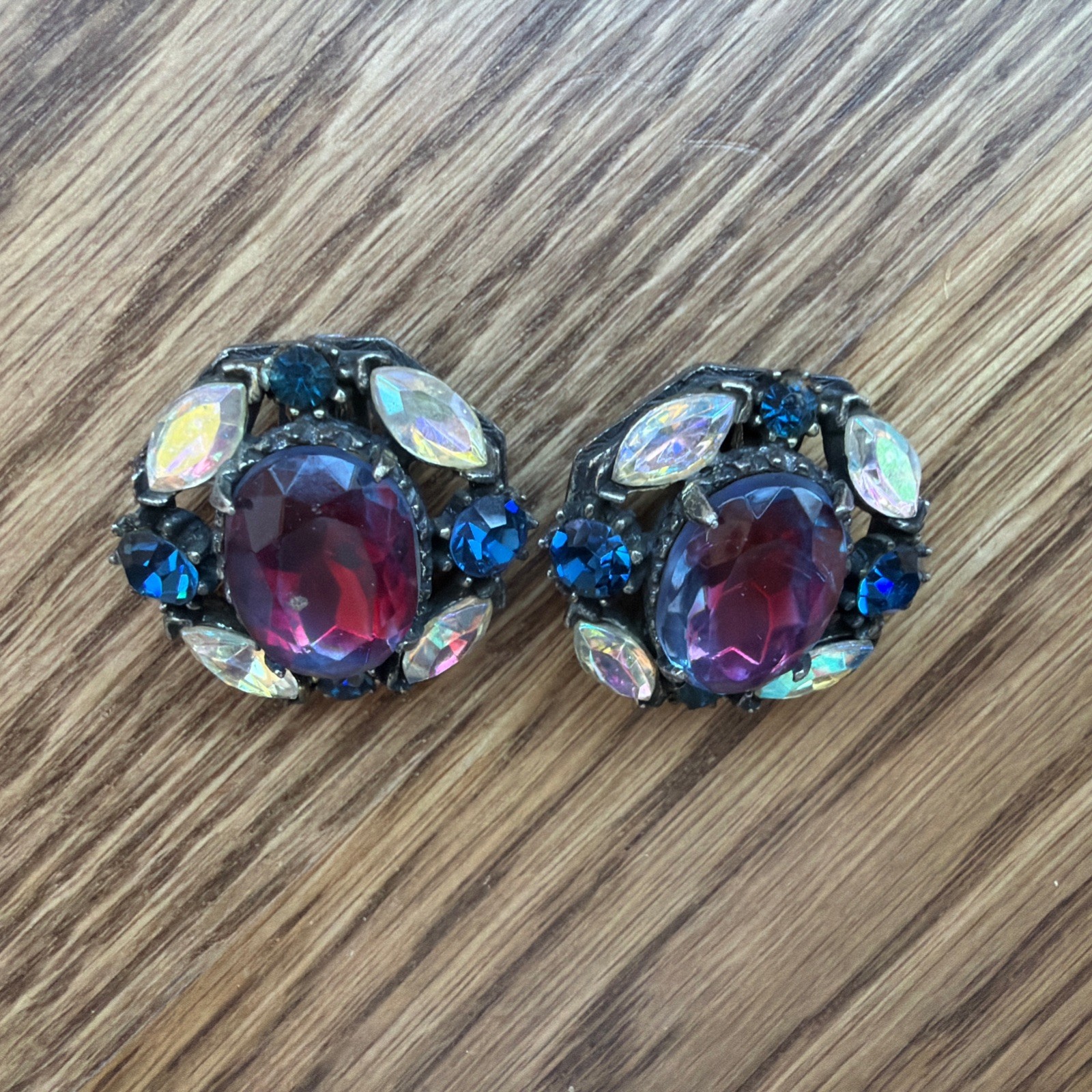 Vintage Rhinestone Earrings with Purple Pink and Blue Clip On Costume