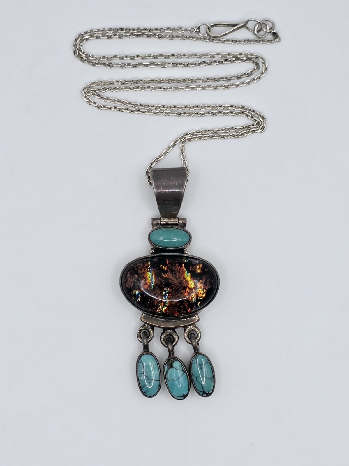 Vtg 925 Sterling Silver Dichroic Glass Turquoise Pendant Necklace Southwestern