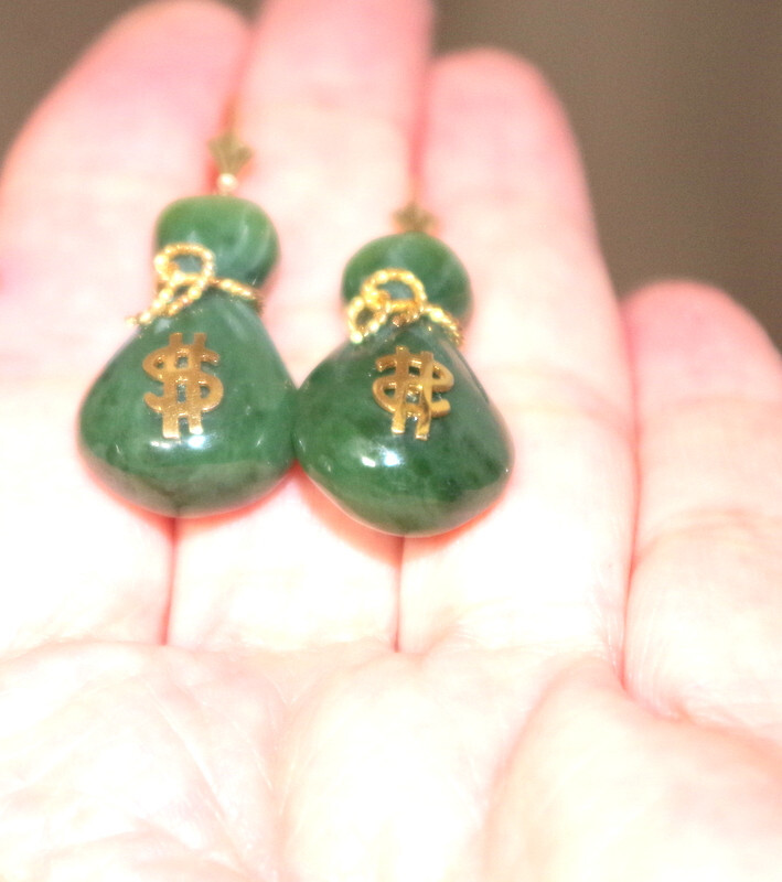 14K Exquisite Carved Jade bag of money Lucky Stone Lever back Earrings