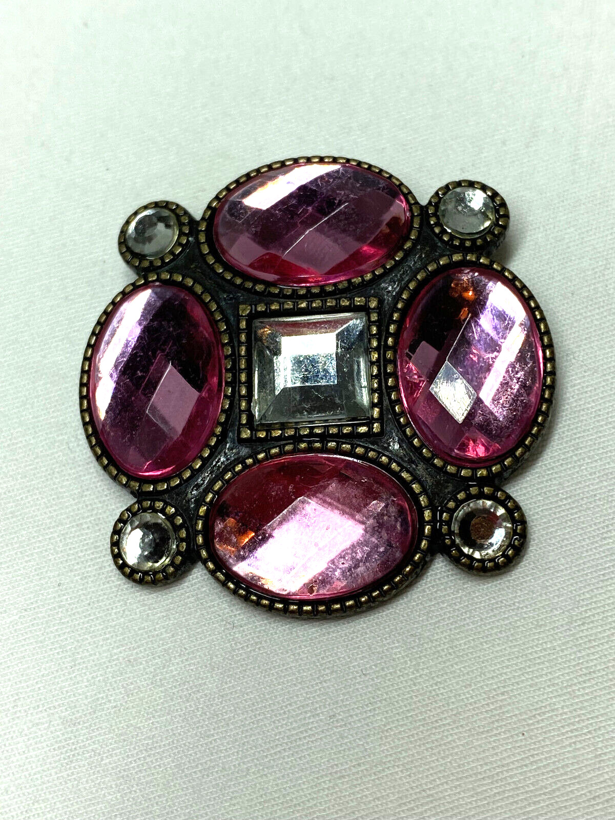 Antiqued Silver tone Pendant Brooch Pink Faceted Stones W/ Clear Simulated Gems