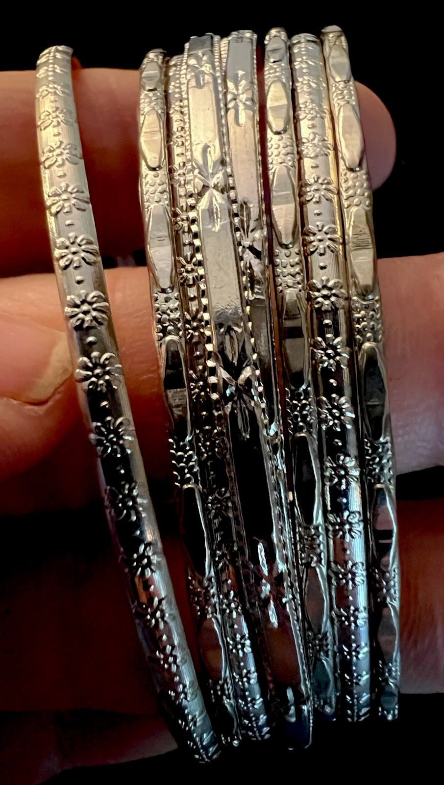 8 Vintage, Silvertone, Bangle Bracelets, Different Designs 6” #48