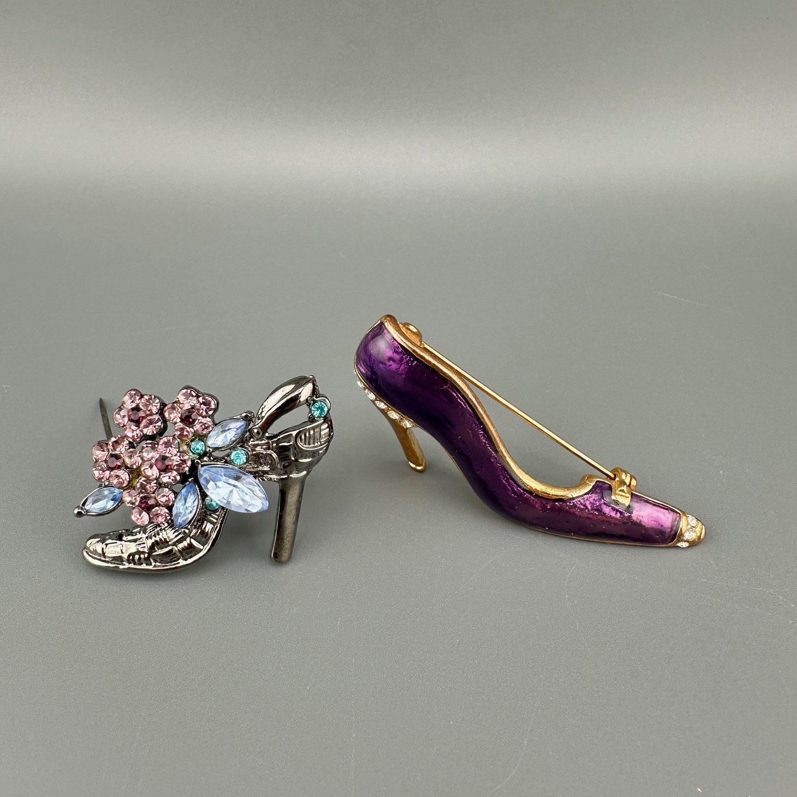 Vintage Shoe Brooch Lot Rhinestone Enamel High Heel Purple Blue Silver Gold Tone