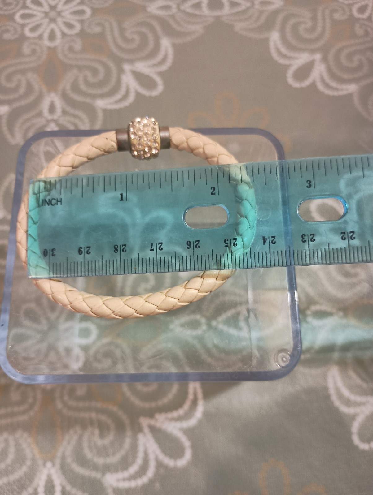 Vintage White Braided Leather Bracelet Crystal Rhinestone Bead Silver Tone Clasp