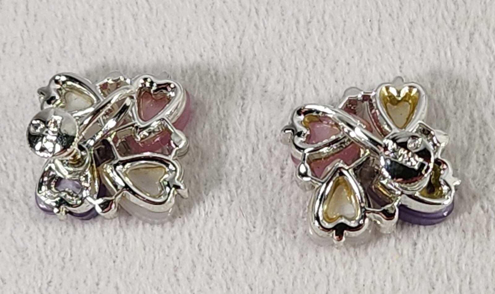 Lisner Signed 4 Heart Purple Pink White Lucite & Rhinestones Earrings Screw Back