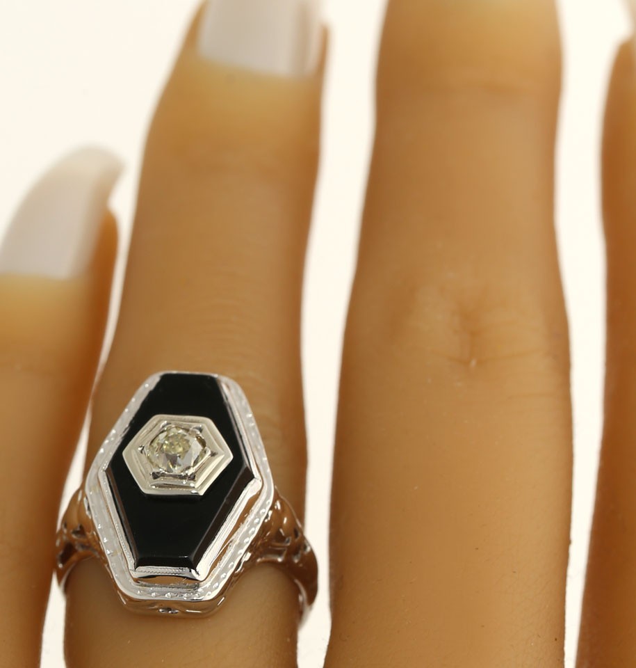 Antique Natural Diamond Onyx Filigree Ring .40CT 14K White Gold Size 7