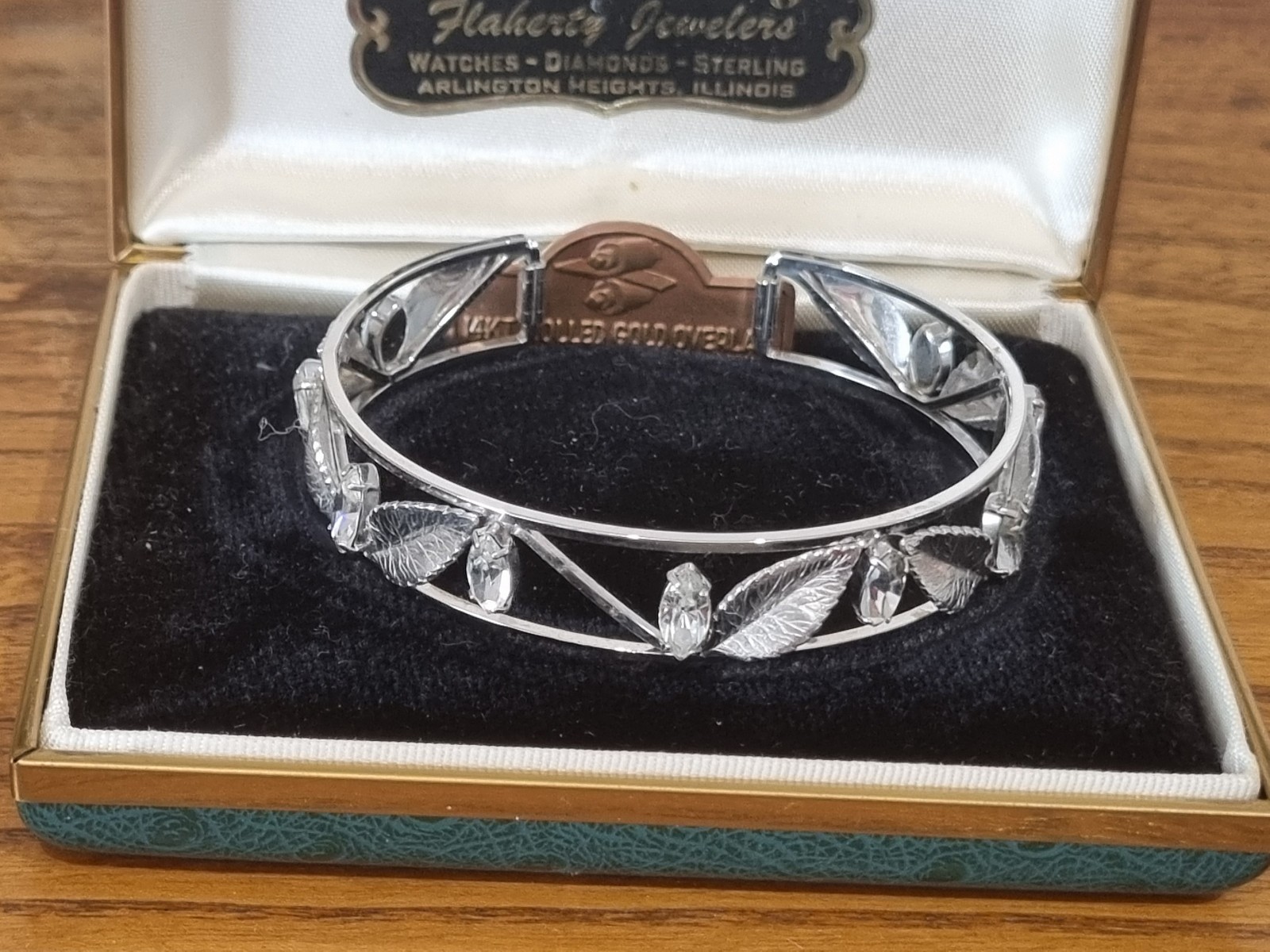 Vintage 14k White Gold Fill Crystal Cuff Bangle Wedding Bride See Video USA made