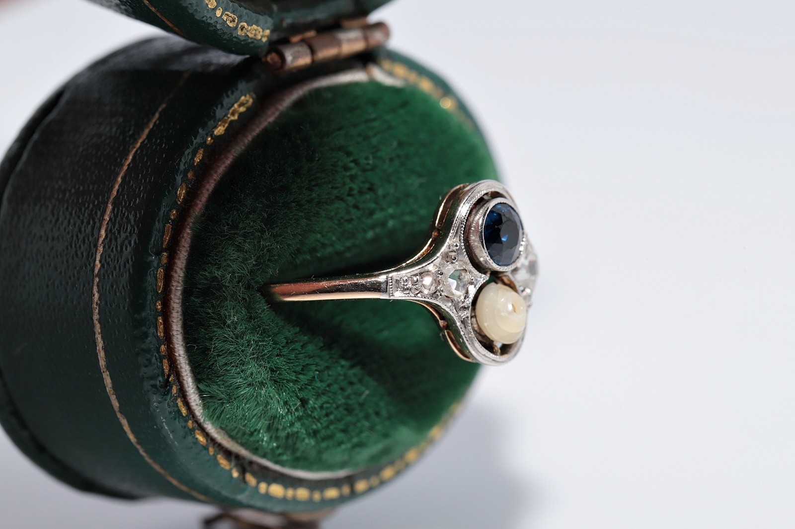 Antique Circa 1920s 14k Gold Natural Rose Cut Diamond And Sapphire Pearl Ring