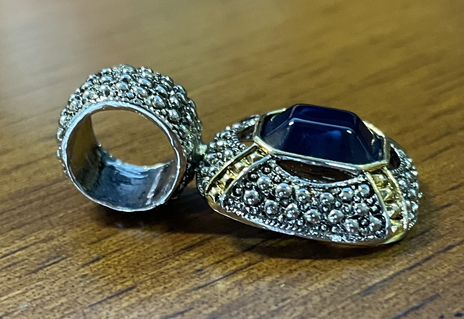 Emerald Cut Blue/Purple Glass Stone Pendant, Two Tone Metal, Elegant EUC