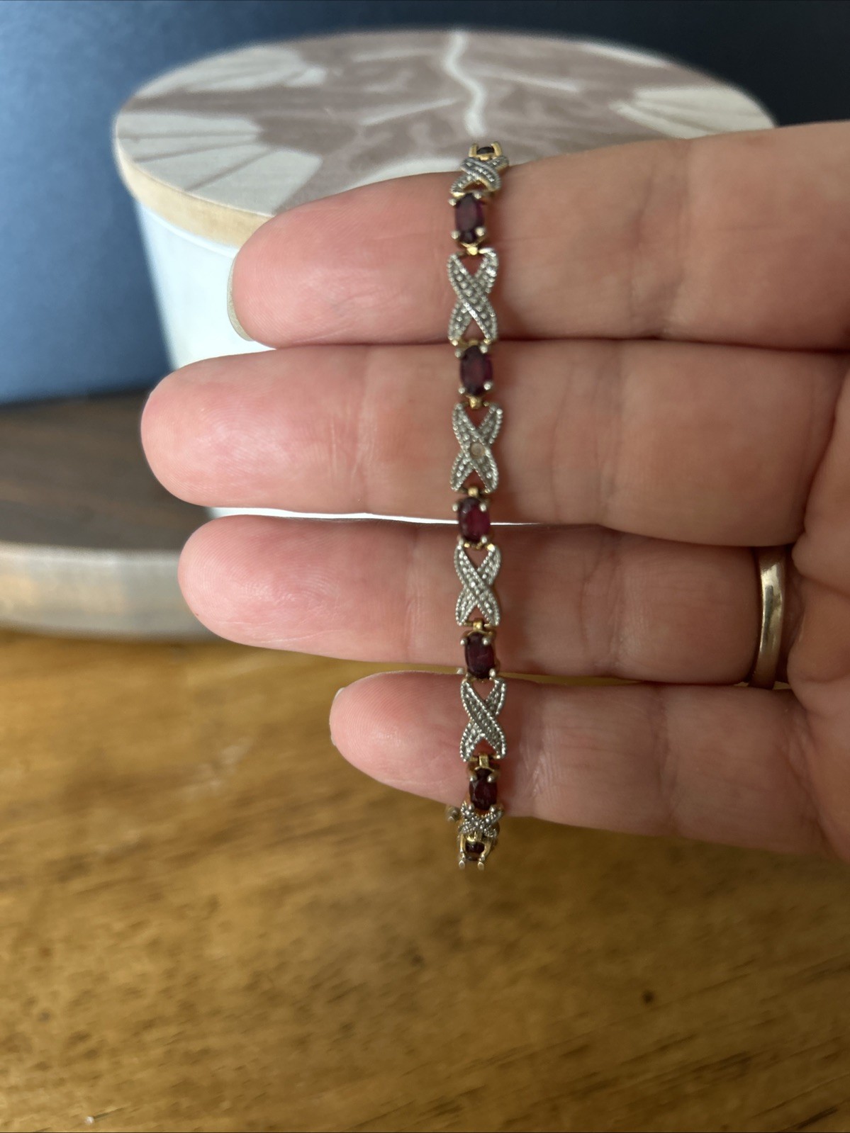 Vintage DBJ 925 Heart Link And Garnet 7.25″ Ladies Bracelet