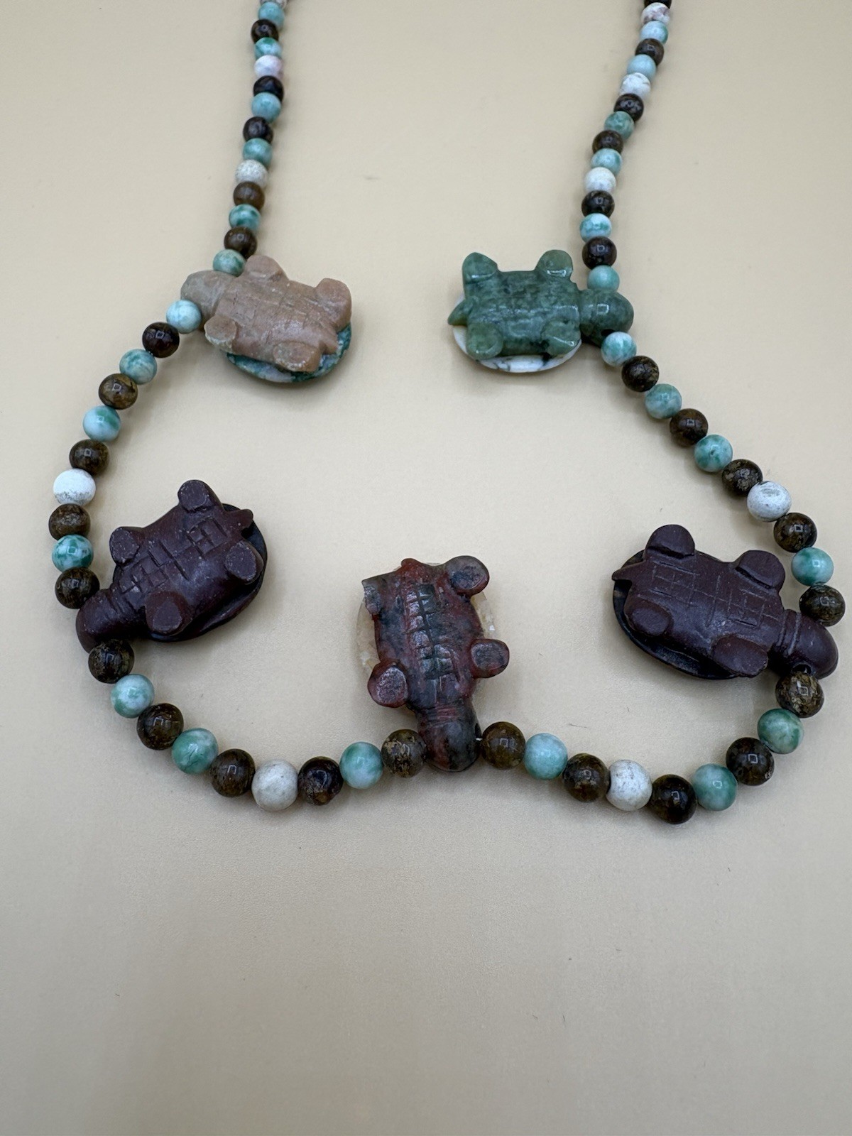 Assorted Color Stone Bead Necklace with 5 Carved Turtle Pendants