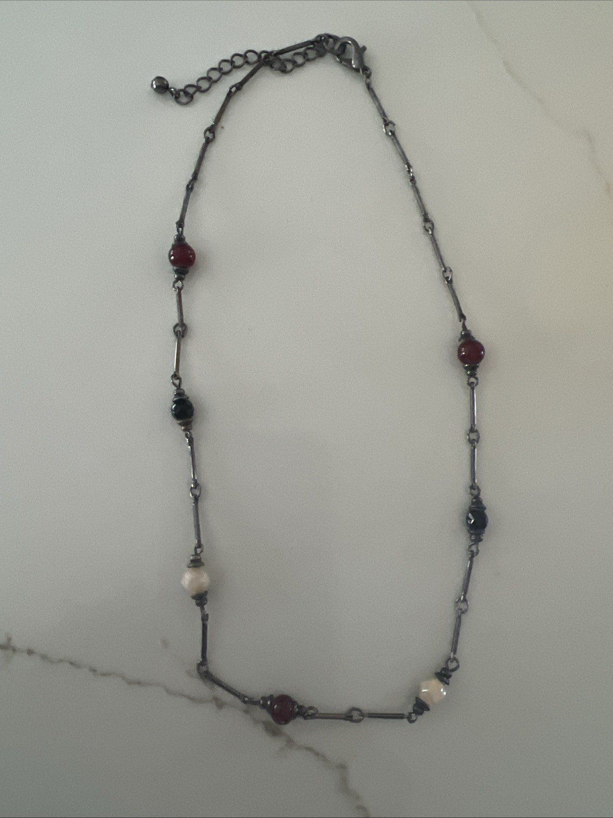 Designer Fringe Necklace Gun Metal Silver Tone Red White Black Glass Beads Chain