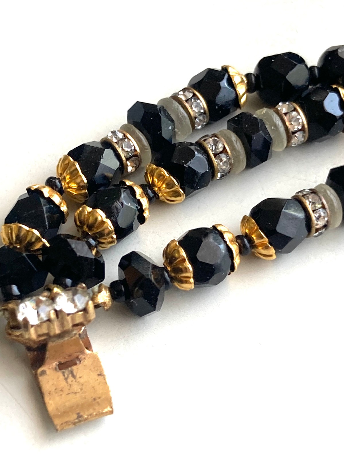 Vtg Unsigned Demario / Haskell 3 Strand Jet Black Glass Bracelet w Cluster Clasp