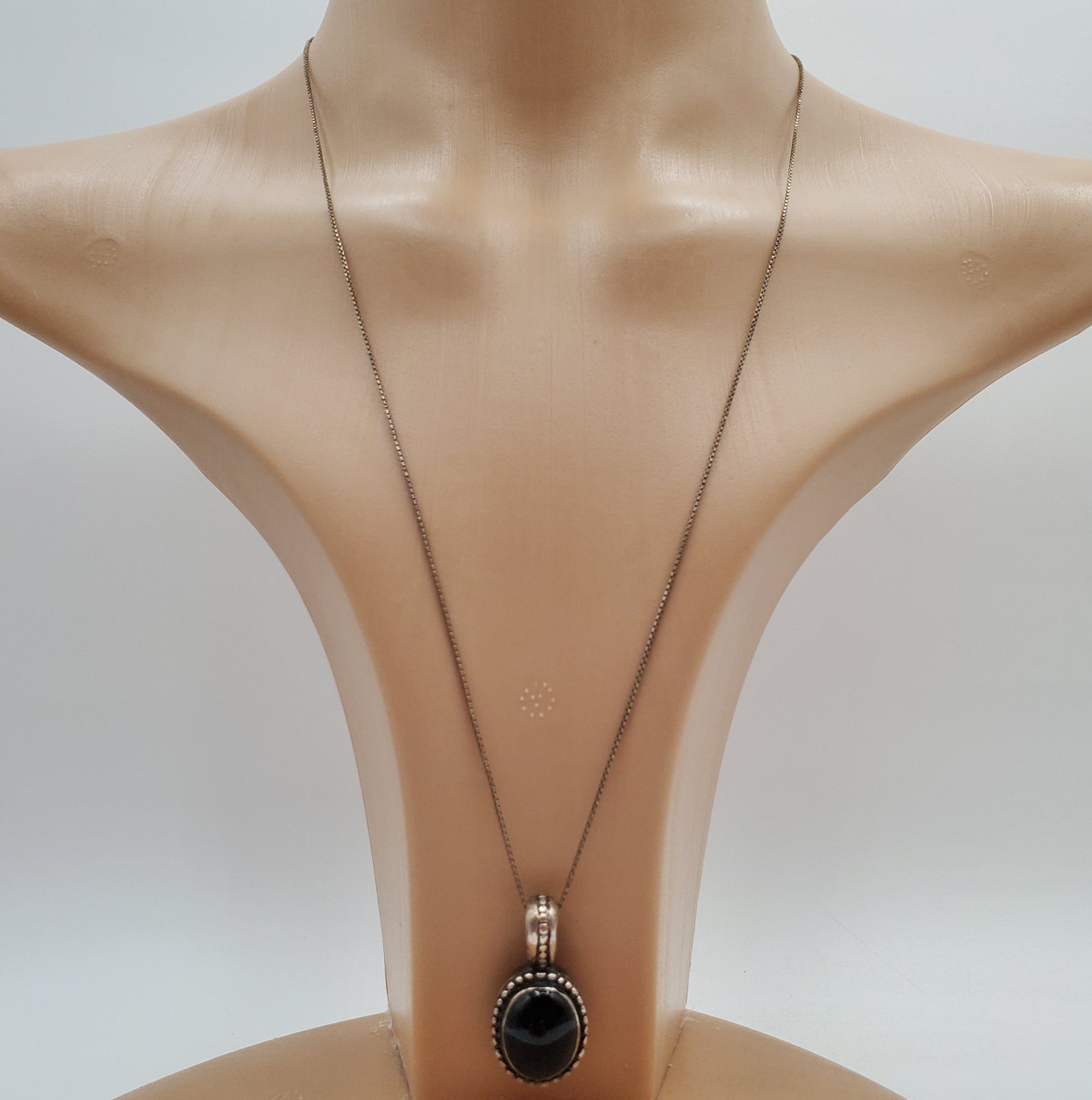 MEX 925 ATI Black Onyx Necklace 23in Sterling Silver 9gtw Box Chain VTG Estate