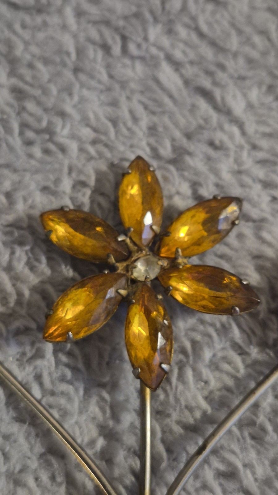 Vintage Mid-Century Amber Rhinestone stones are prong-set rolling safety Clasp