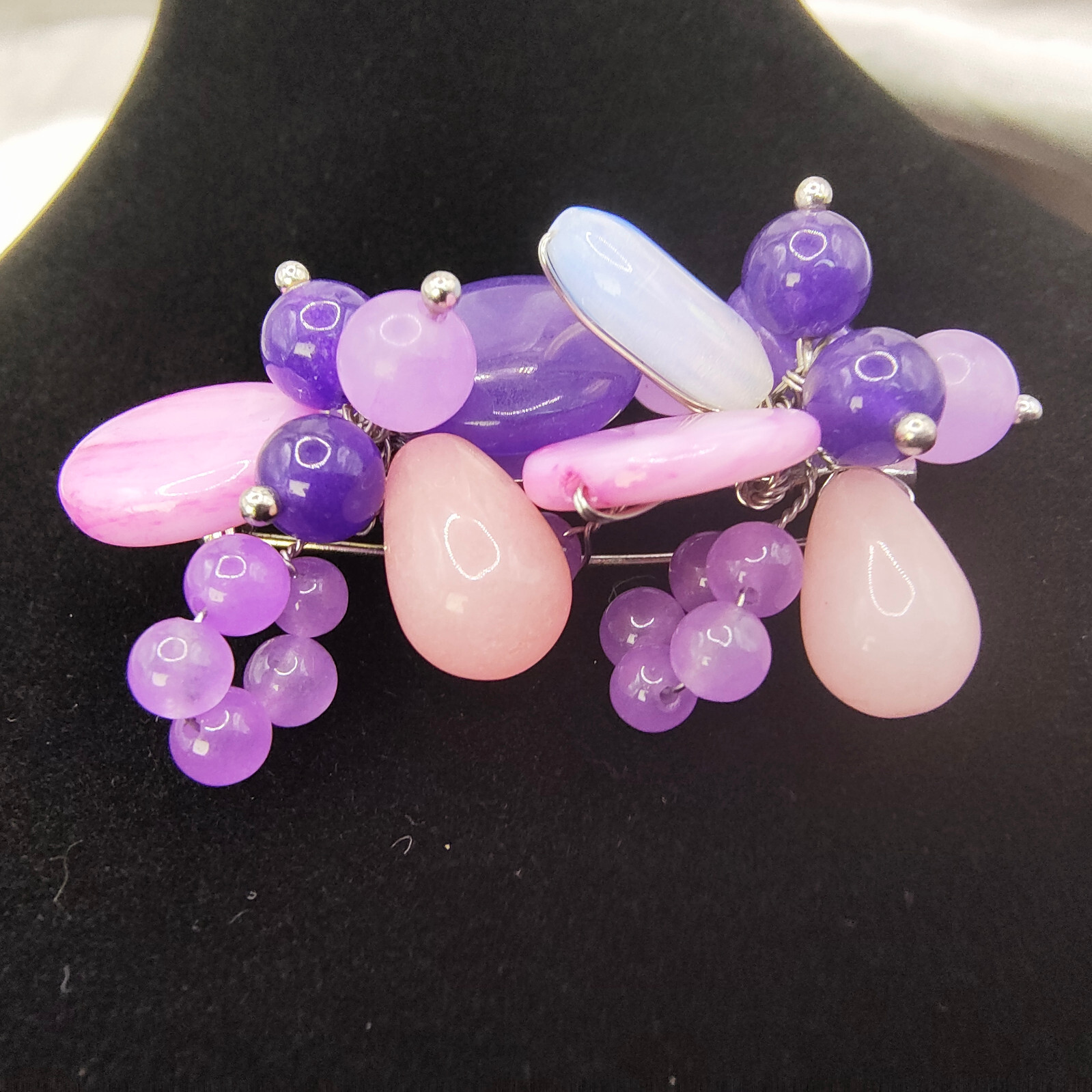 Chunky Purple Art Glass Brooch Pin Silver Tone Glass Beads Cluster Wire Abstract