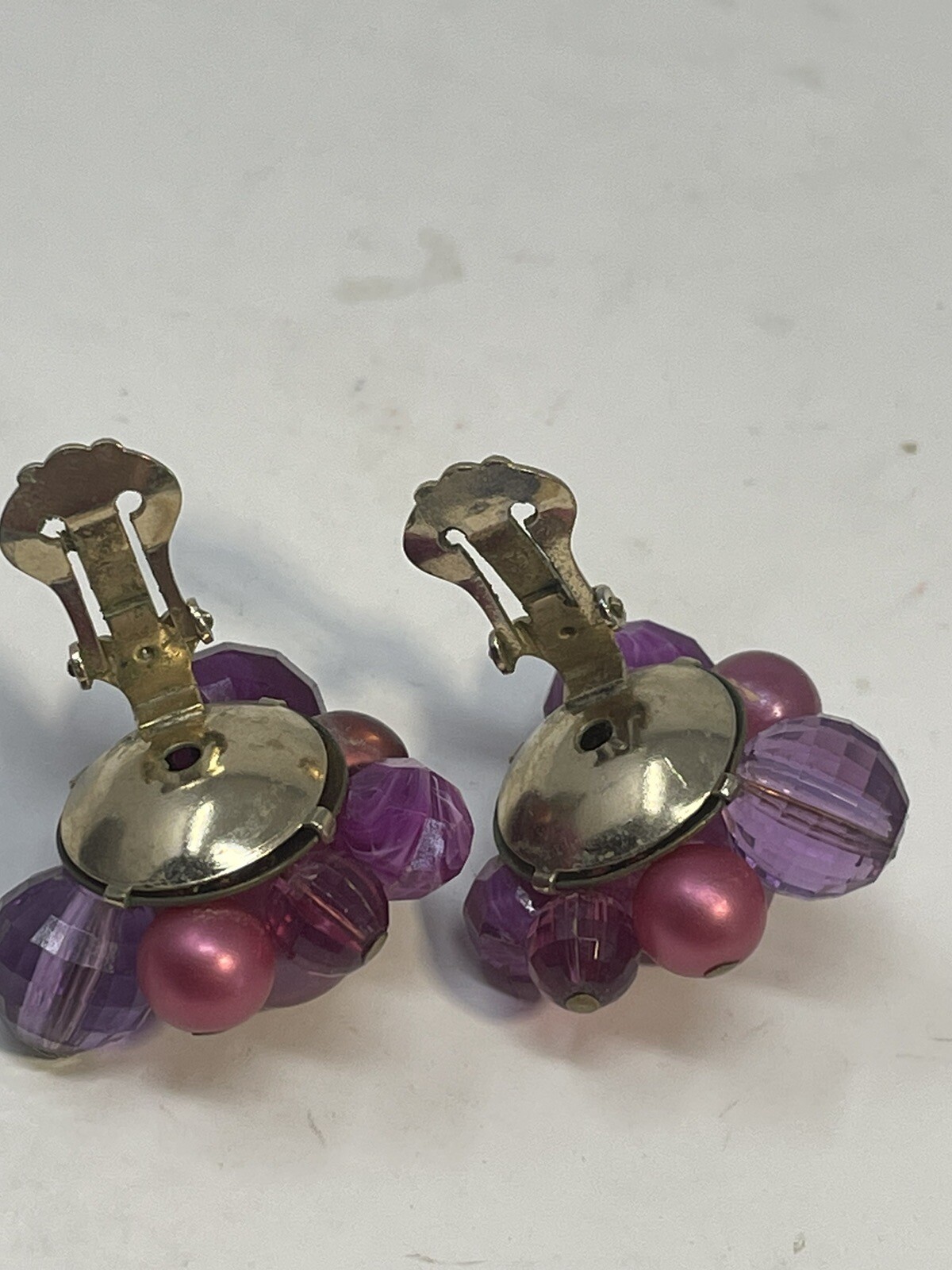 Vintage Zentall Purple Bead Cluster Clip On Earrings Faceted Crystal Faux Pearl