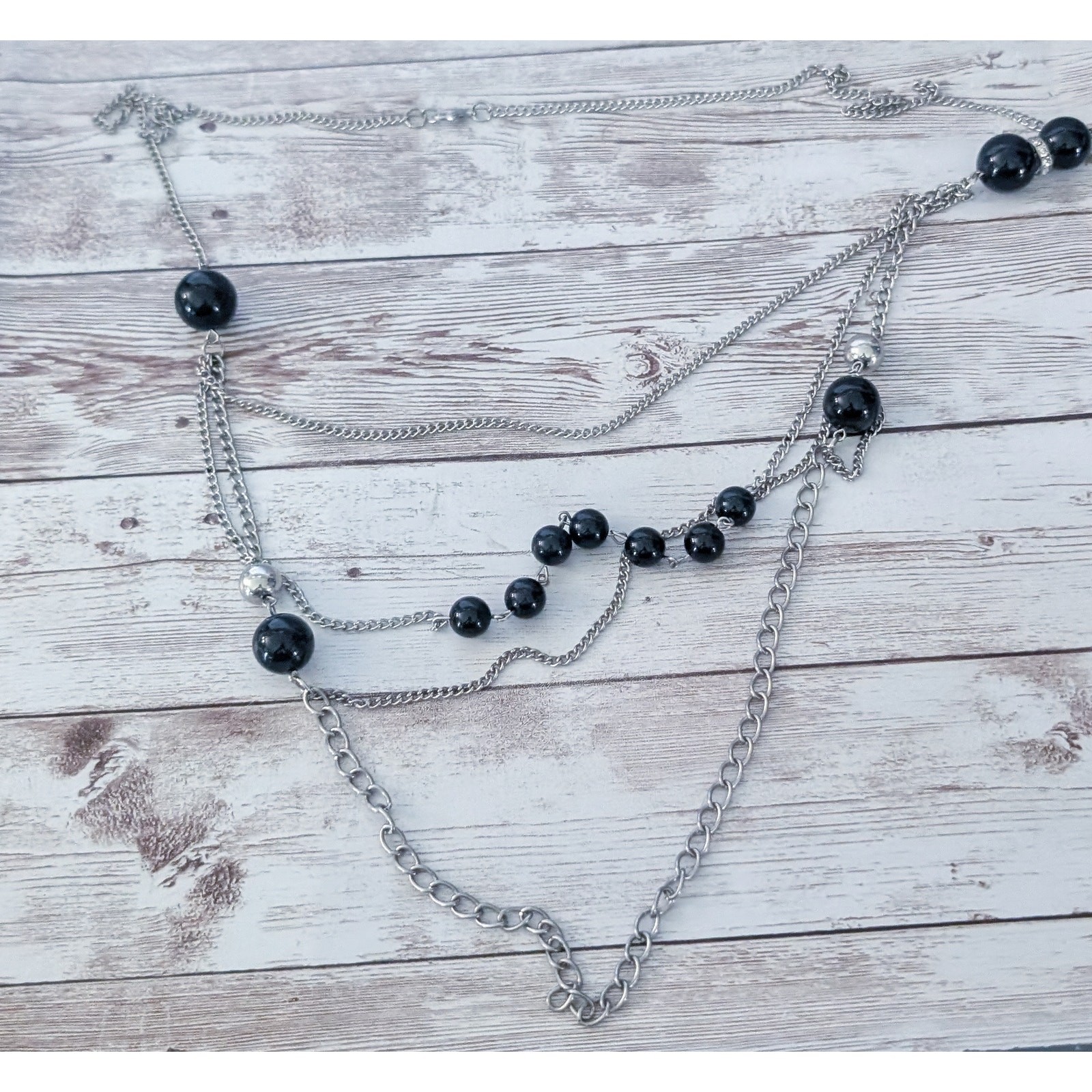 Vintage Necklace Layered Silver Tone with Black Accents Statement