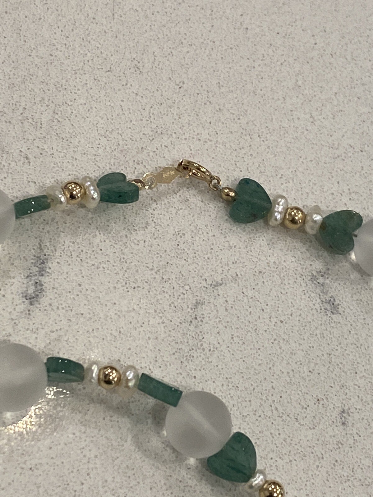 14K Gold, Emerald Hearts, Clear Round Quartz, Pearls & Gold Beads Clasp Necklace