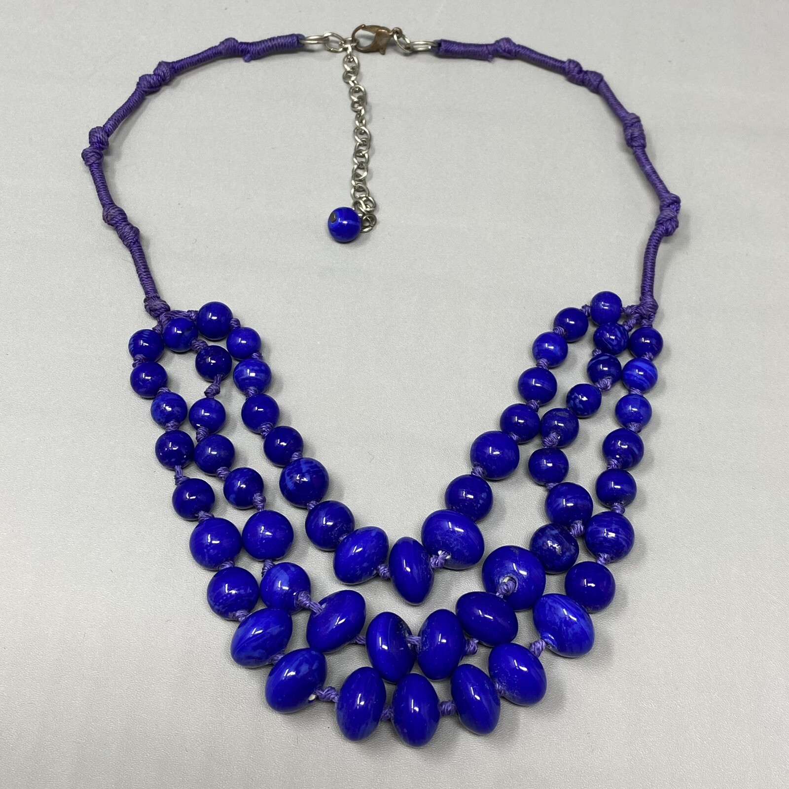 VTG Ceramic Bead Necklace Blue Marble Hand Knot Cord Chain Multi Strand Boho 21″