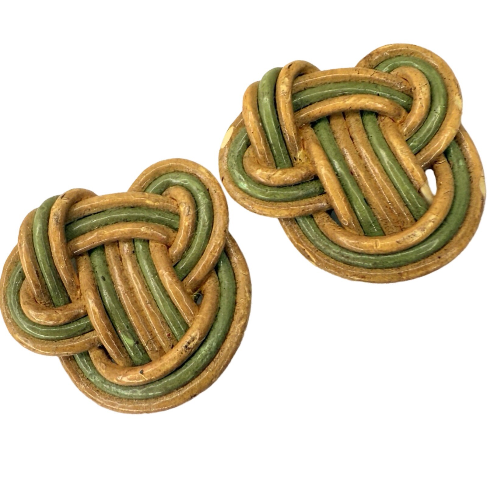 Green And Tan Wicker Knot Screw Back Earring Retro Boho Chic