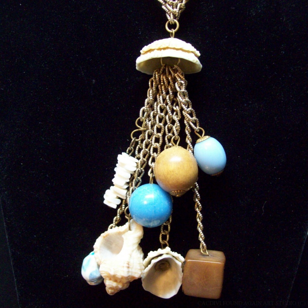 Real Shell Blue Ceramic Wood Beads Chain Necklace Vintage Boho Gold Tone Tassel