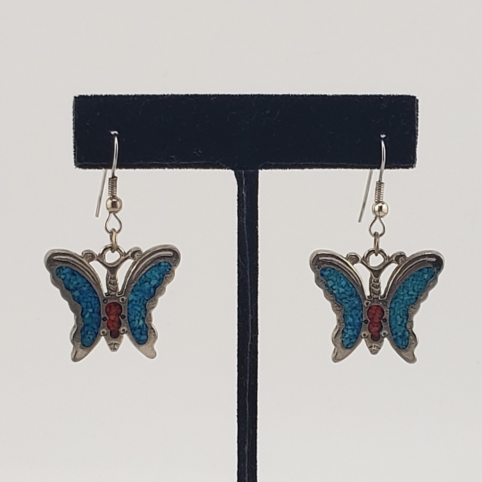 VTG Butterfly Dangle Earrings Silver Tone Turquoise Coral Chip Inlay Southwest