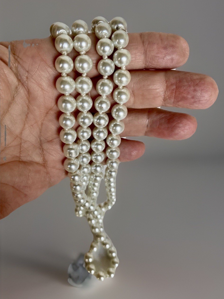 Vintage Rope Length Hand Knotted Faux Glass Pearl Necklace, 8mm Pearls, 56″