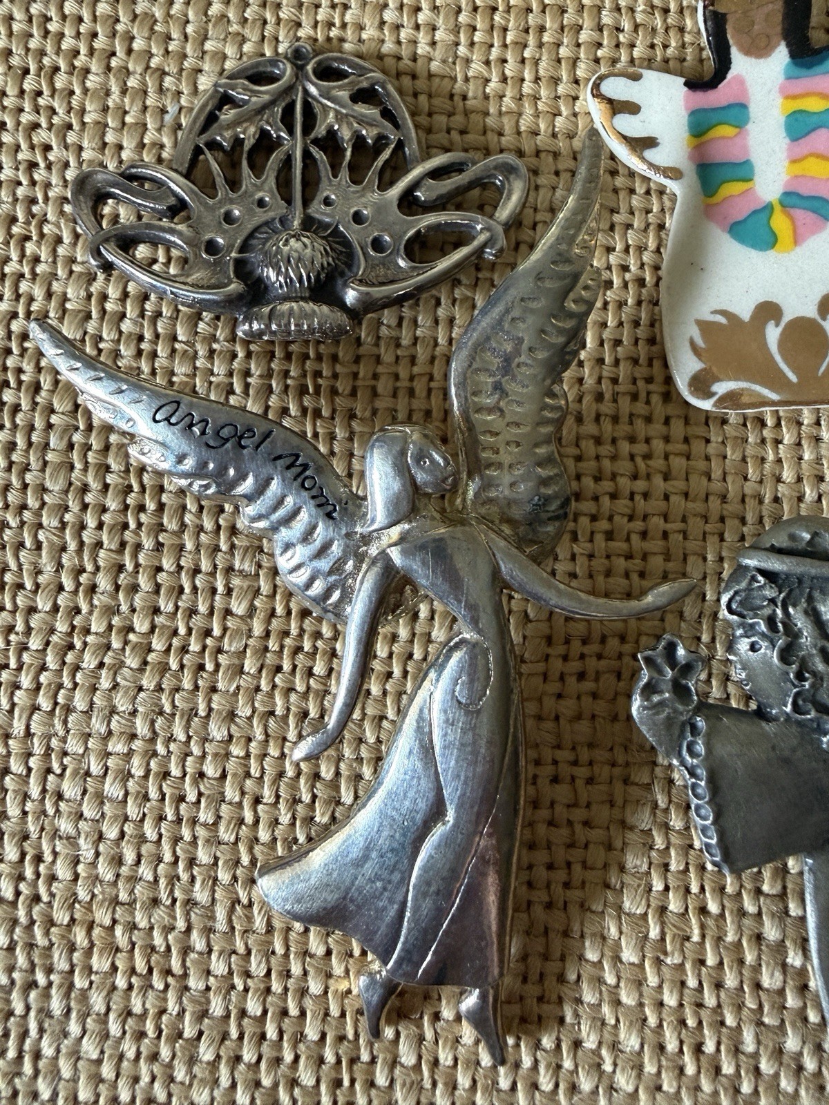 Vintage Antique Angel Lotus Brooch Pins 4 Pewter Ceramic KAHA | HMK. CDS | EUC