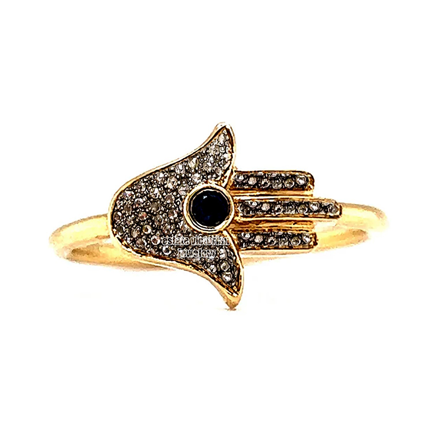 1.24ctw Rose Cut Diamond Sapphire Silver Victorian Stunning Hamsa Ring Jewelry