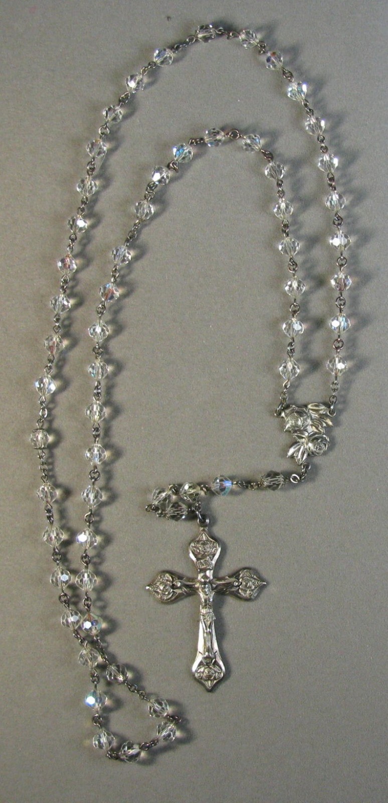 Antique Sterling Silver Crucifix 5 Decade Crystal Rosary 30″ 47.1g #J4781