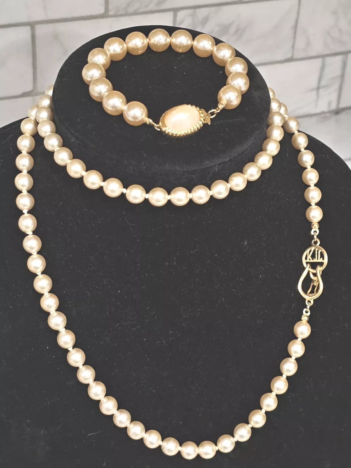 Kenneth J Lane Vintage Signed Faux Pearl Gold Filled Necklace with Bracelet Set