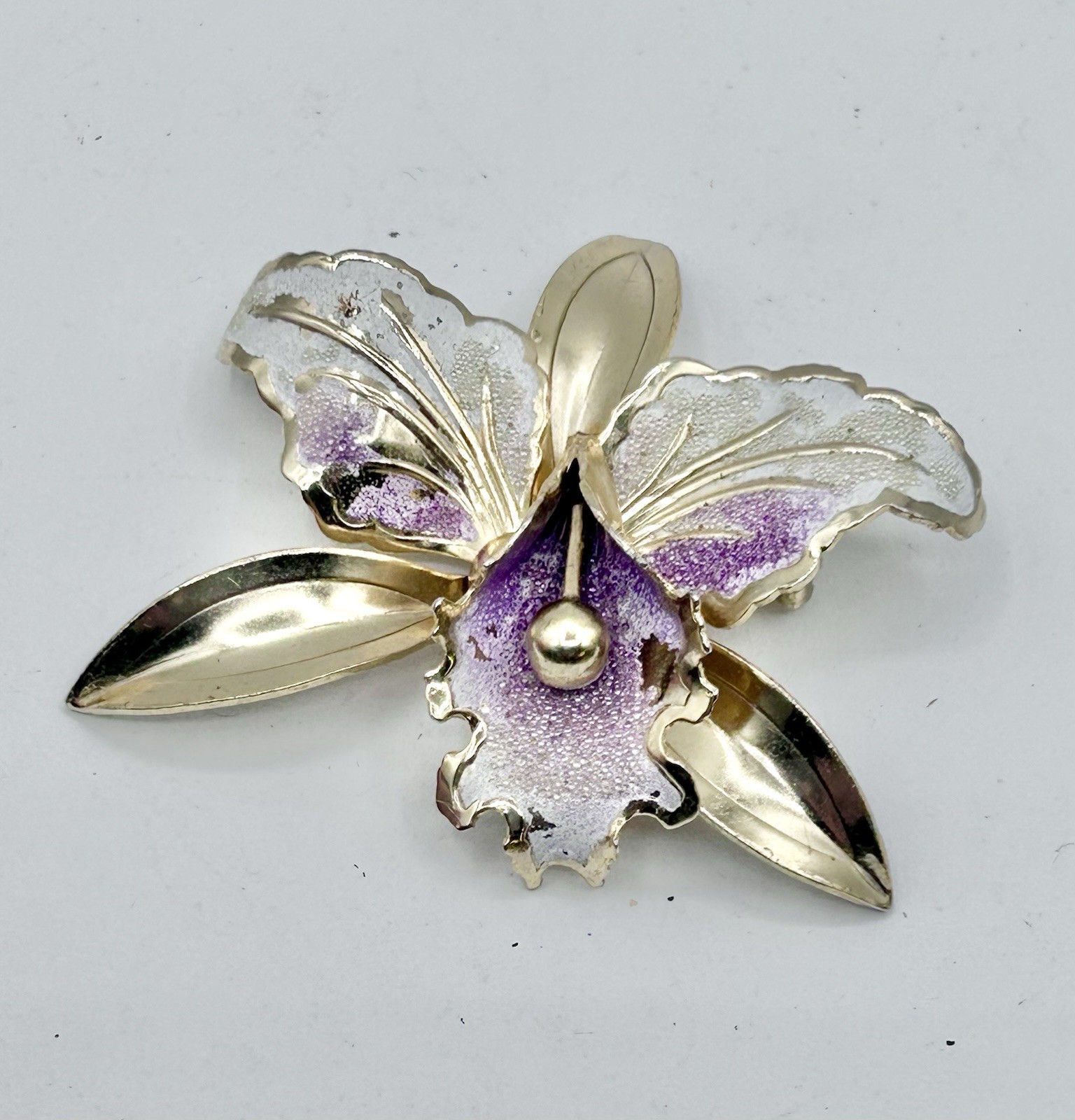 Vintage Gold Tone Purple Orchid Brooch Not Marked Large 2.5″