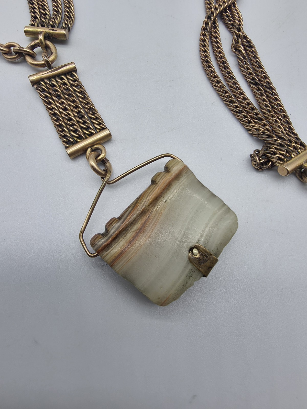 Antique Victorian Gold Filled 4 Strand Mesh Watch Fob Chain Slide Carved Agate