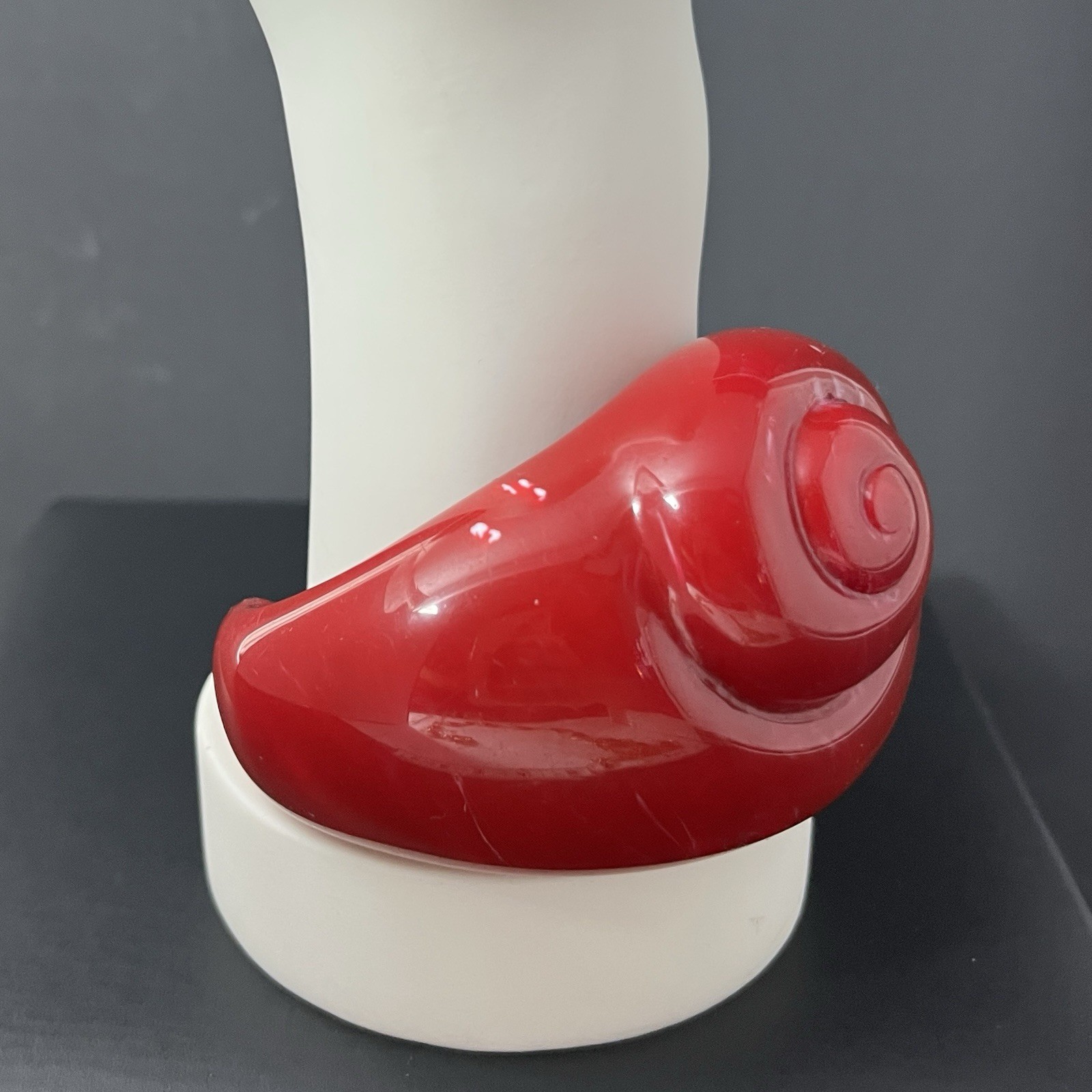 Red Lucite Cuff Bracelet Wide Chunky Statement Spiral Nautilus Shell Modernist