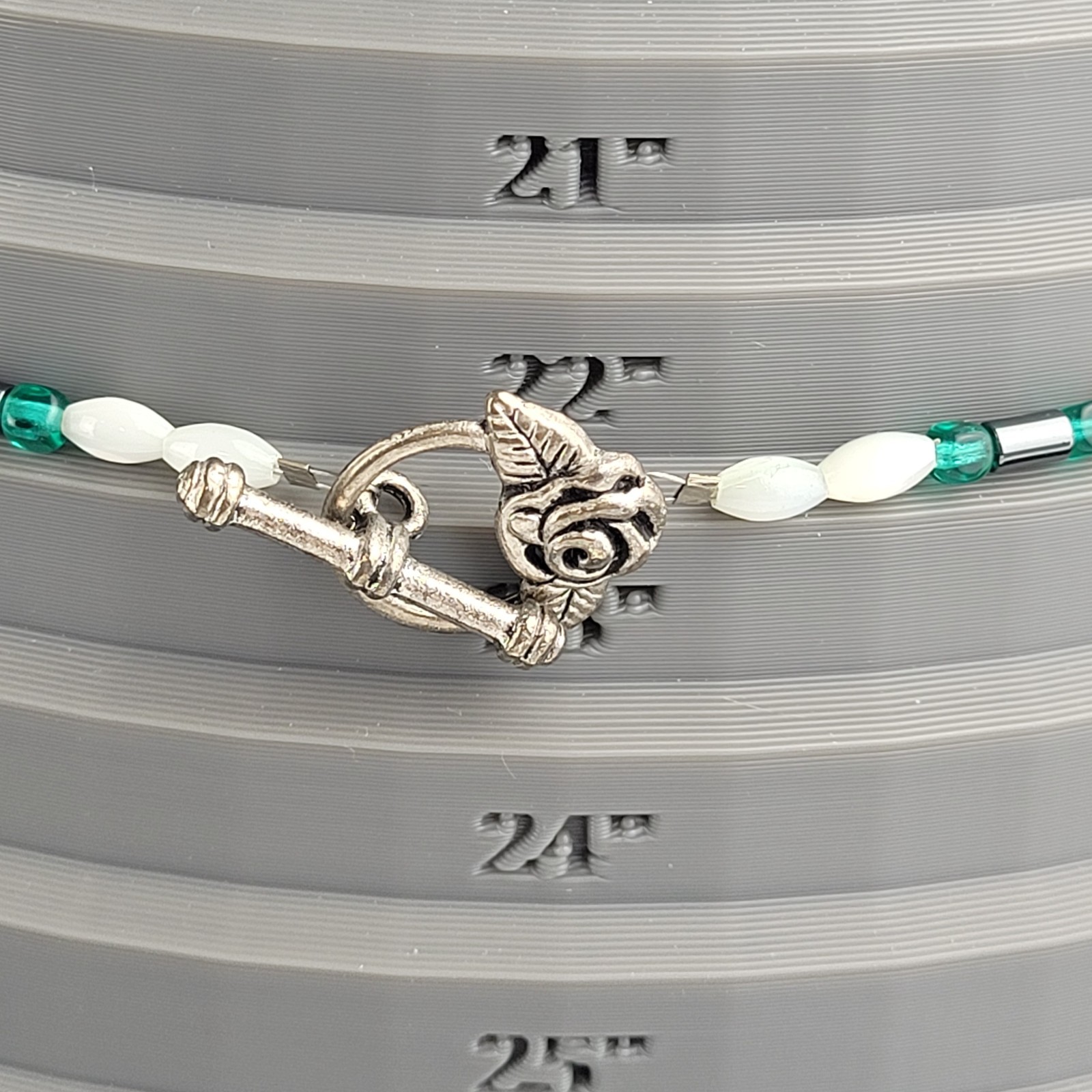 Mother Of Pearl Rice Bead Necklace With Green And Gray Bead Accents 22″