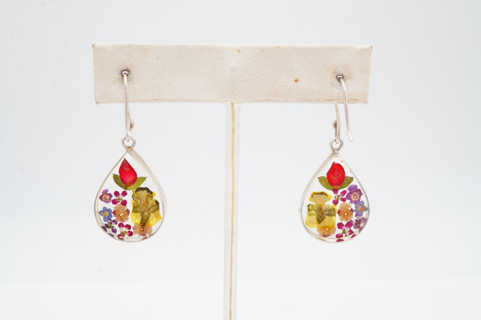 Vintage Mexico Sterling Silver 925 Flower In Lucite Earrings ATI