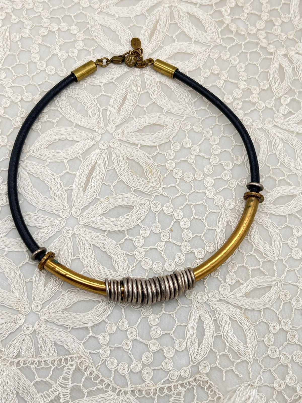 VTG Baer SF Necklace Leather Cord Gold Silver Tone Modernist Statement Jewelry