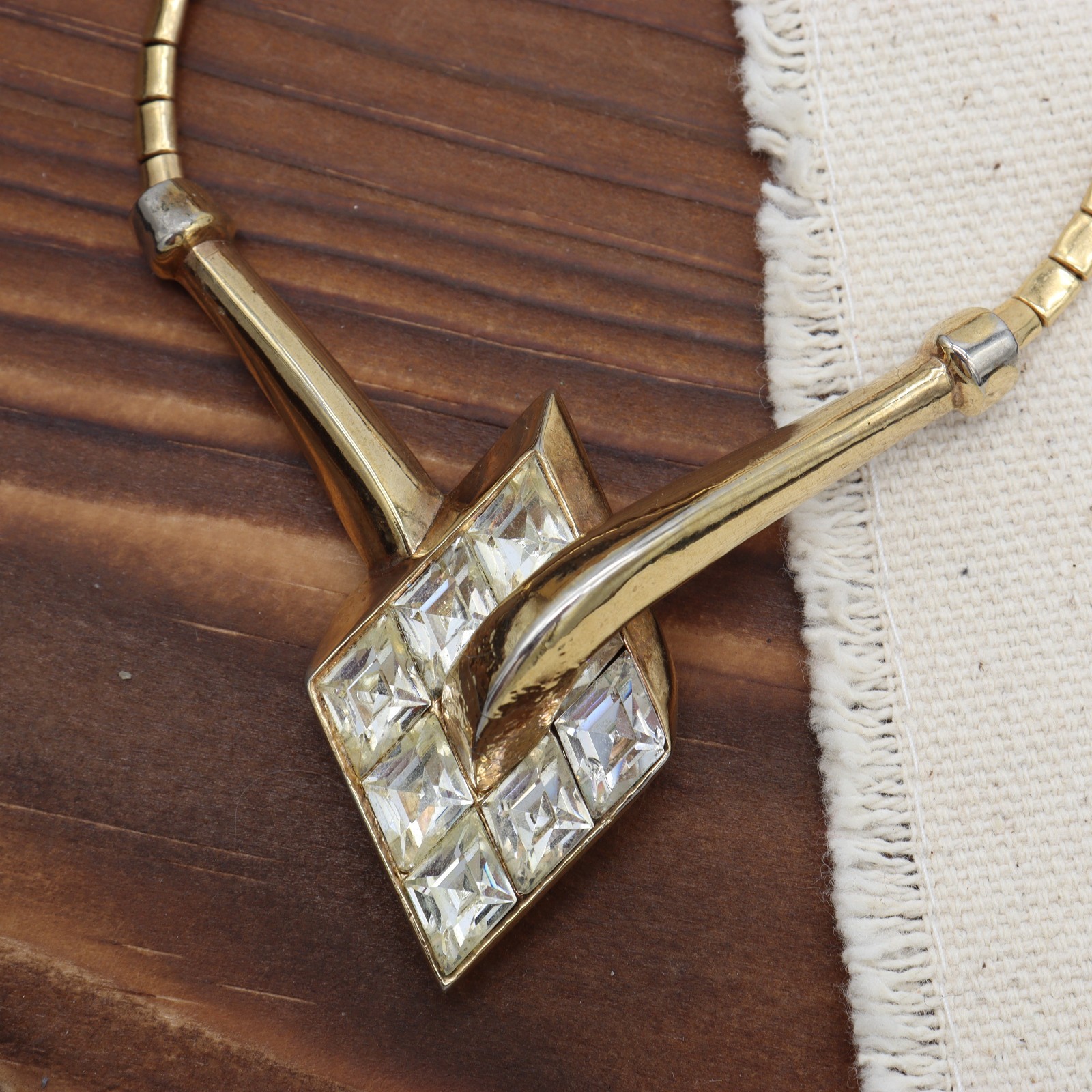 Trifari Alfred Philippe Gold Necklace Clear Rhinestone Lozenge Choker Channel