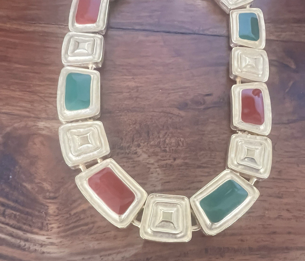 Vintage Green & Red Enamel Panel Chunky Gold Plated Necklace 16 1/2″