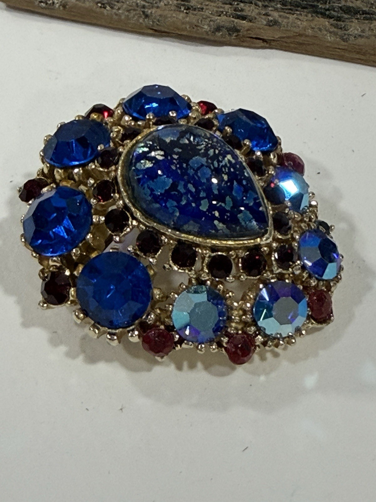 Vintage Brooch Center Teardrop Colbalt Blue AB Rhinestone Ruby Red Accent Stones