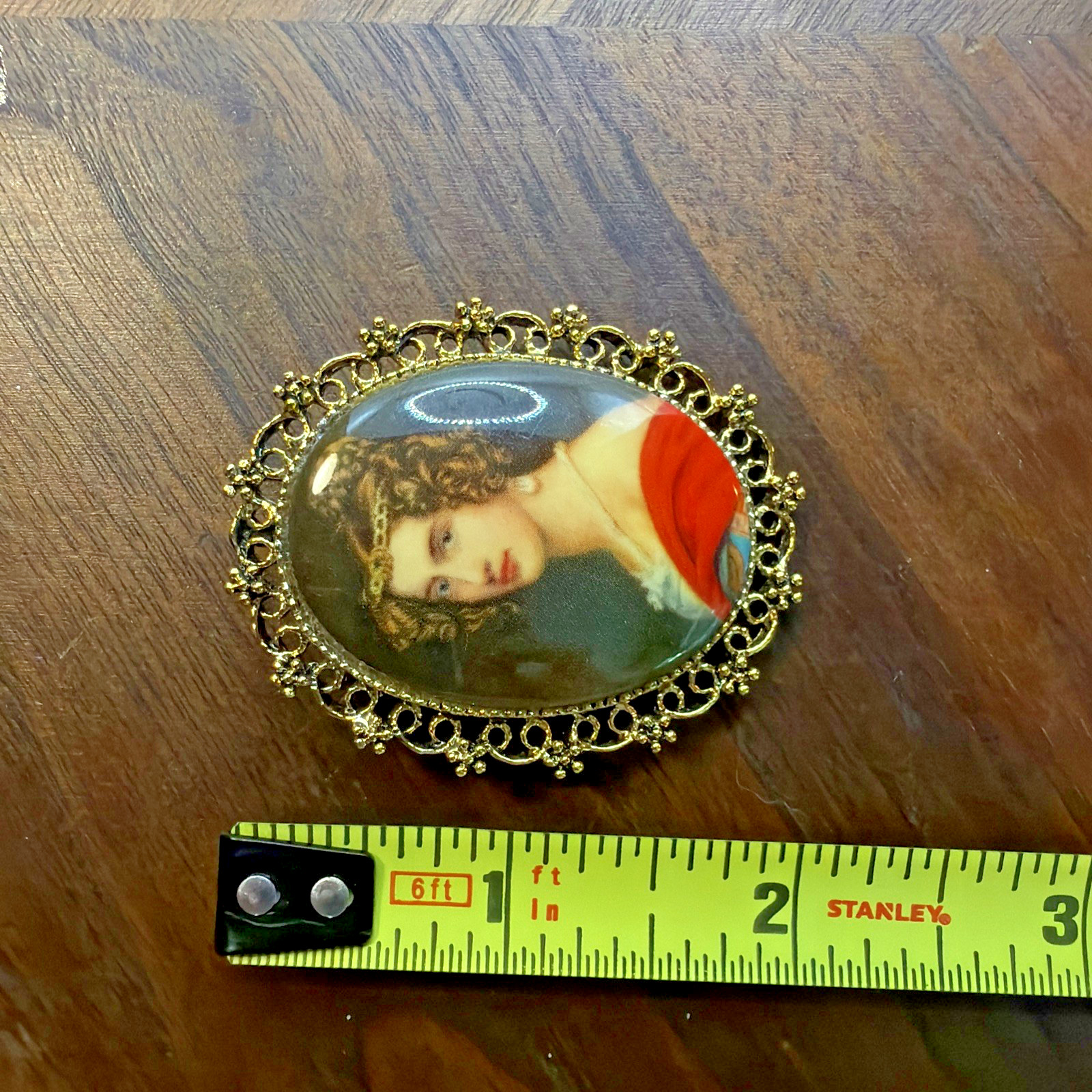 Victorian Portrait Brooch Pendant Gold Toned Transfer Print