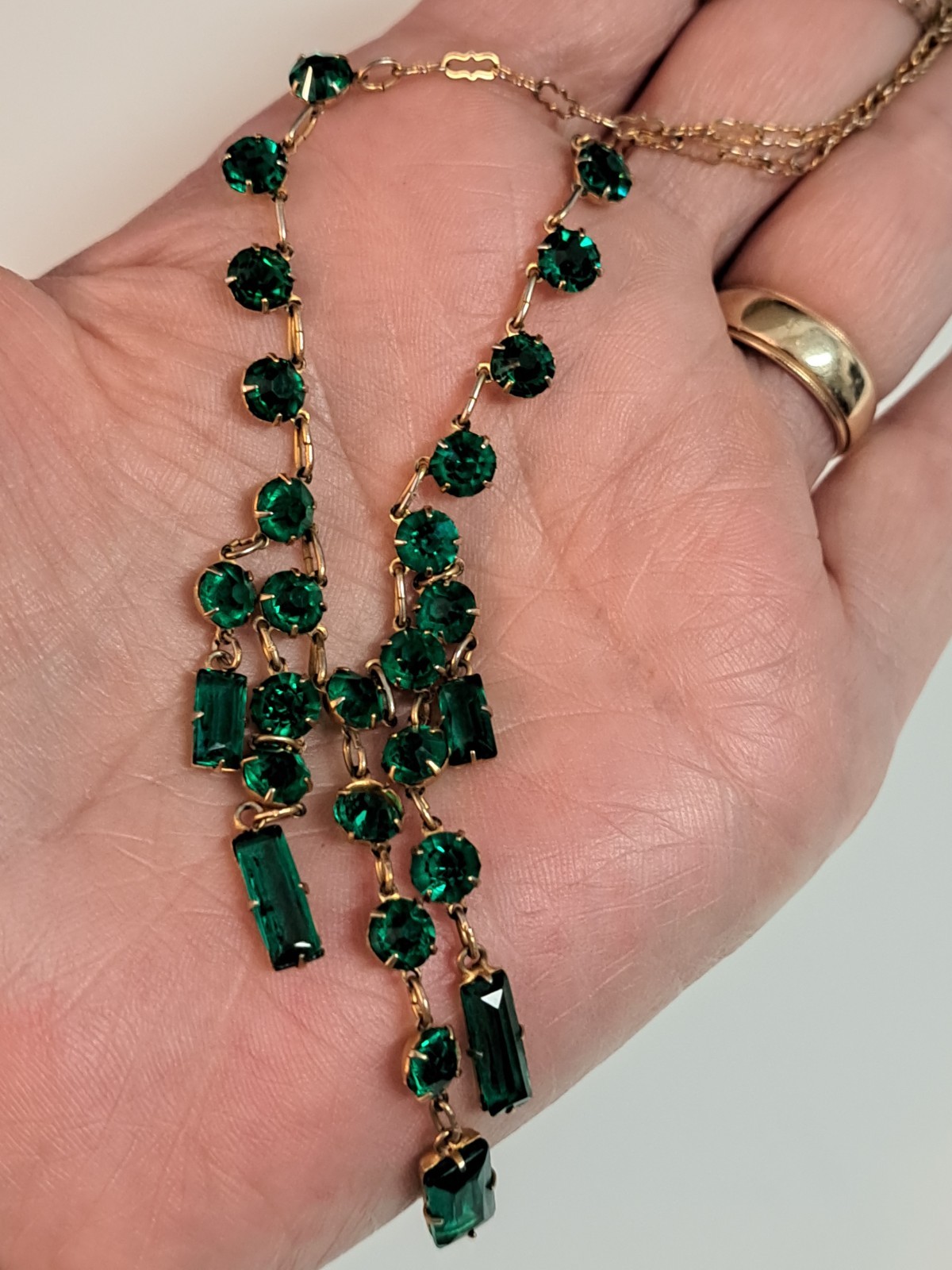 Vintage Art Deco Revival Green Glass Festoon Bib Necklace Gold Tone Fringe Drops
