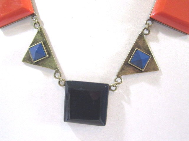 GOLD TONE PLATED METAL DESIGNER BRONZE TONE RESIN DECO STYLE COLLAR GEOMETRIC