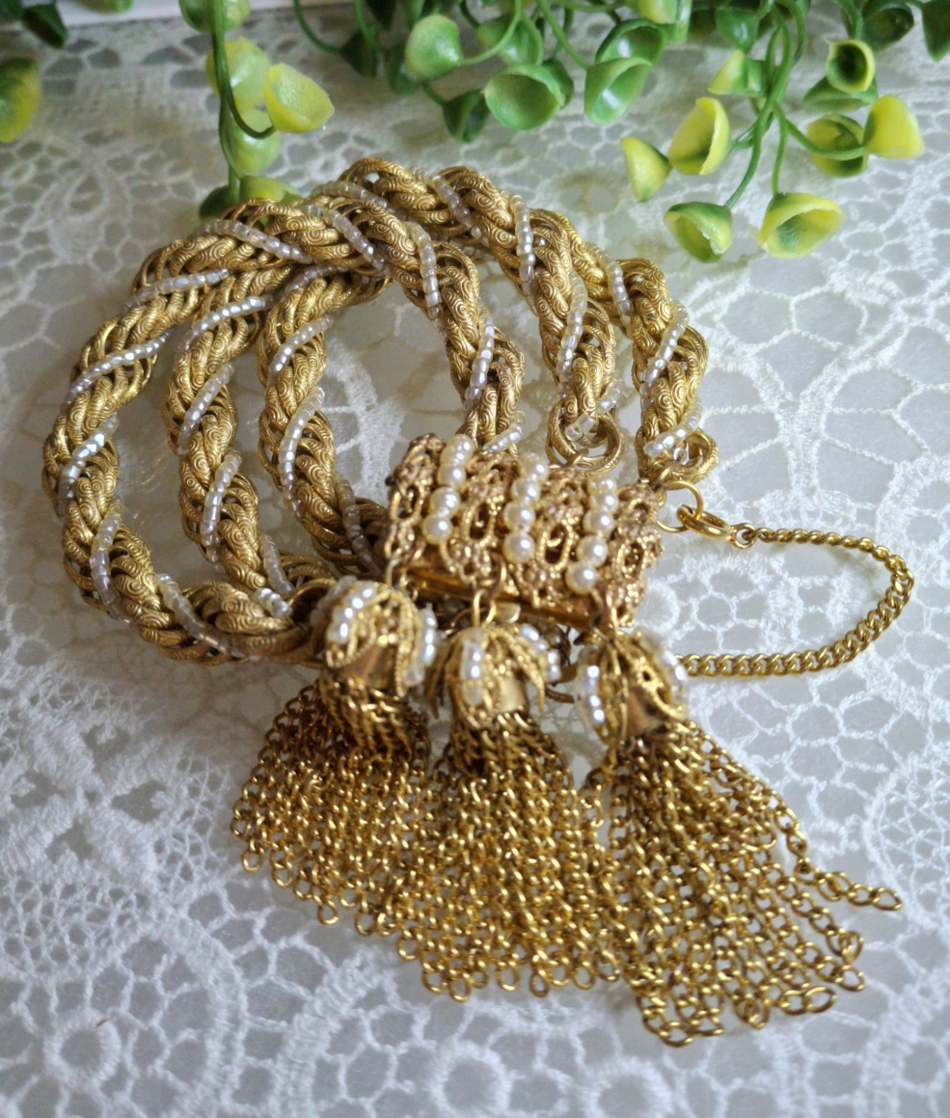 Frilly Miriam Haskell Russian Gold Chain & Seed Pearl Tassel Bracelet
