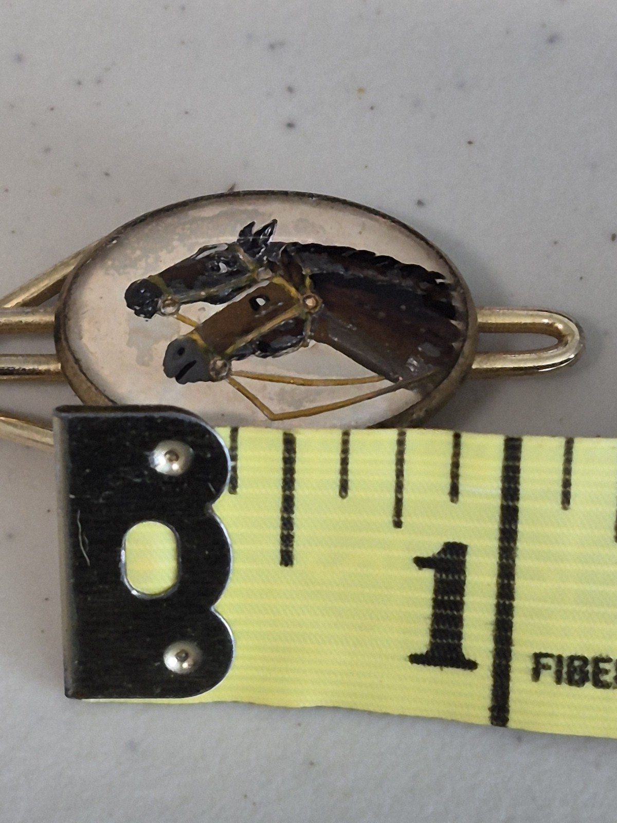 Vtg Equestrian Reverse Painted Portrait of Horses, Vintage Tie Clip, Circa 1930s