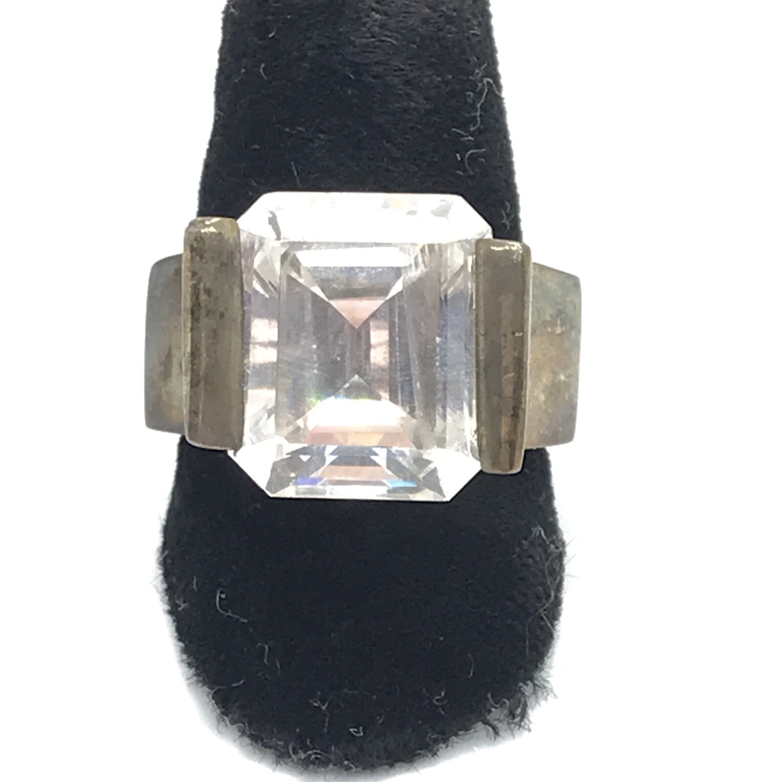 Vintage Sterling Silver & Large Emerald Cut Crystal Ring sz 7