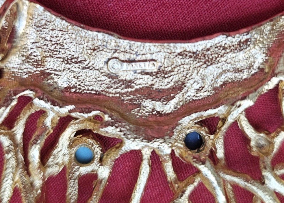 Signed PANETTA Gold tone Pendant Choker Faux Turquoise Lapis Cabochon Brutalist