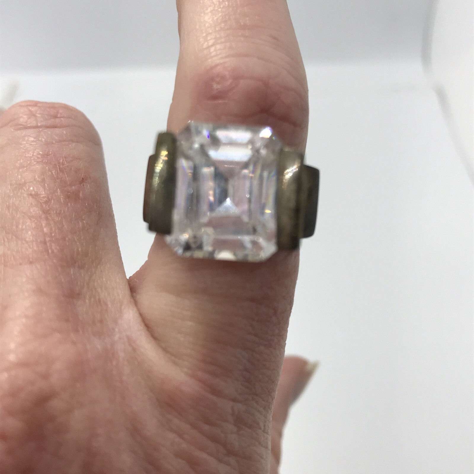 Vintage Sterling Silver & Large Emerald Cut Crystal Ring sz 7