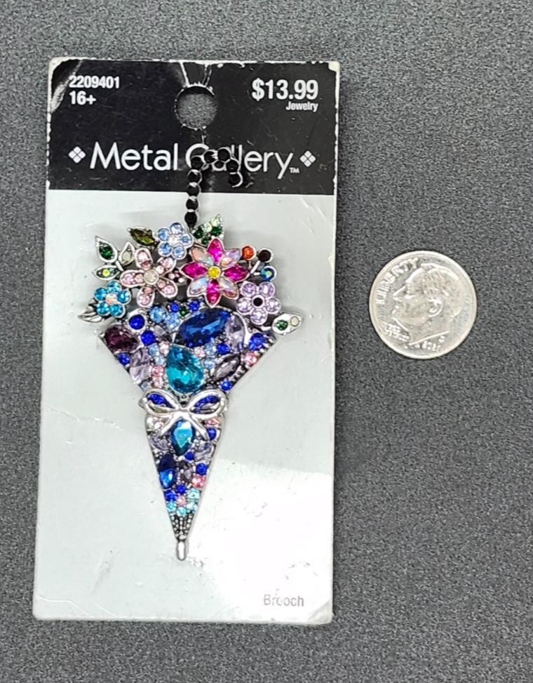 Metal Gallery Umbrella Brooch Silver with Multicolor Stones