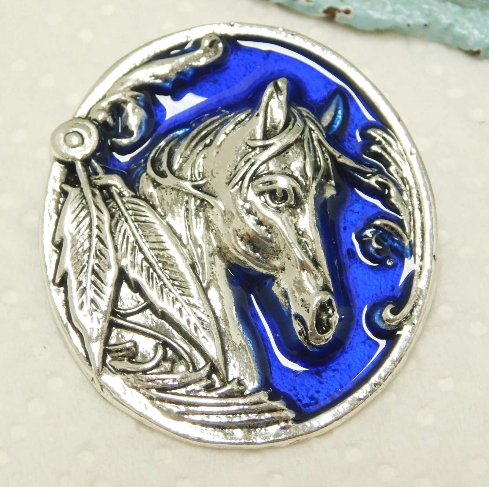 BLUE ENAMEL EAGLE FEATHER WESTERN HORSE DIMENSIONAL BROOCH PIN